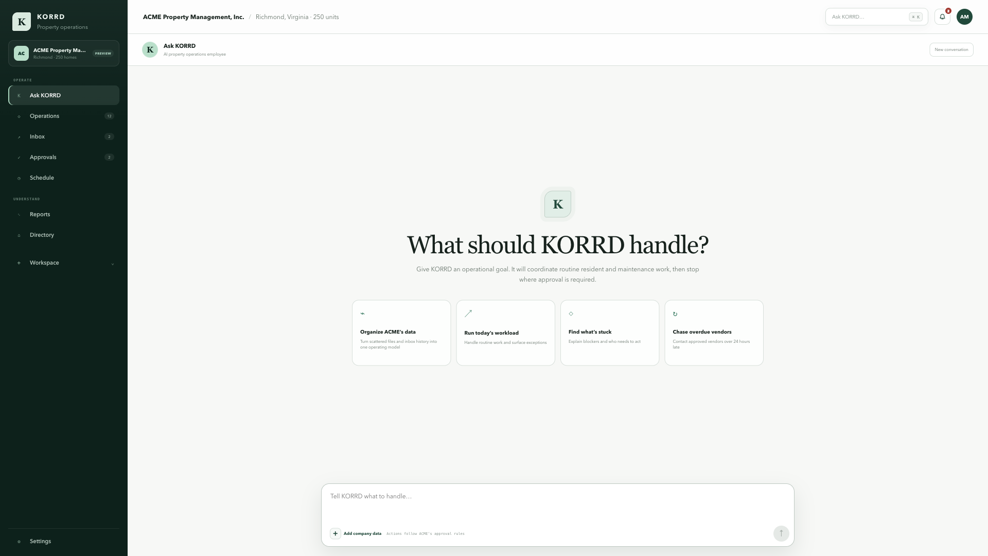 Ask Korrd command center with operational goals and suggested actions