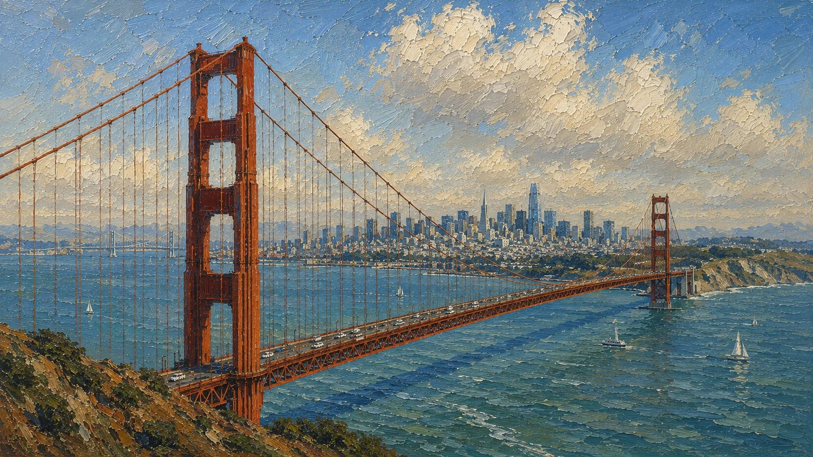 Oil painting of the Golden Gate Bridge and San Francisco skyline