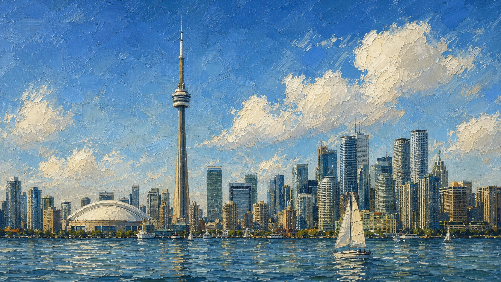 Oil painting of the Toronto skyline and waterfront